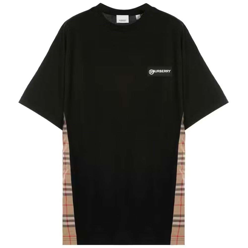 Burberry Women’s Black Cotton Tee — Vintage Check Side Panel & Logo Patch (S)